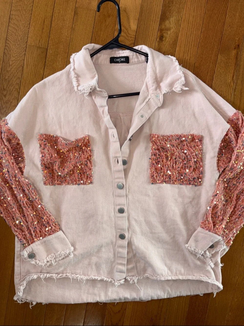 Chicme women's sequin patchwork denim Shacket Size Medium - Picture 3 of 8